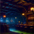 Fantasy tavern with stained glass windows and lantern-lit bar