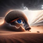 Surreal desert landscape with giant eye and lone tree