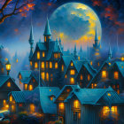 Enchanting nightscape with castle, celestial bodies, and crescent moon