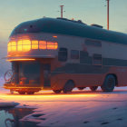 Vintage bus in snowy landscape at dusk with lone figure