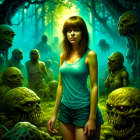 Woman in mystical forest with eerie green skulls and ghostly figures