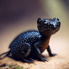 Black lizard with textured skin and white speckles on soft-focused background