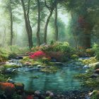 Tranquil forest landscape with brook, flowers, trees, and cottage