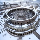 Circular stone structure in snowy landscape with icebergs