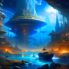 Futuristic sci-fi landscape with floating islands and glowing river