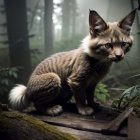 Mystical creature with cat body and fox face in foggy forest