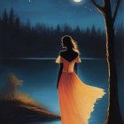 Woman in orange dress by moonlit lakeside in forest scene