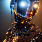 Futuristic Robot with Illuminated Square Eyes and Metal Cables