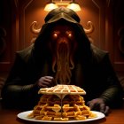 Hooded figure with red eyes and tentacles gazes at waffles on table