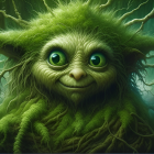 Green furry creature with luminous eyes in woodland setting