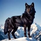 Black wolf on snowy hill with mountain backdrop