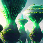 Green futuristic tree-like structures in misty landscape under soft-lit sky