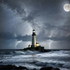 Lighthouse on rocky islet in stormy night with crashing waves, lightning, and full moon.