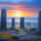 Ancient standing stones at sunrise with mist and colorful sky