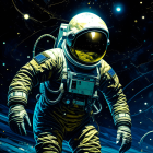 Astronaut in gold visor suit among stars