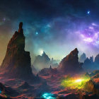 Vibrant space landscape with glowing nebulae and rocky formations