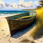 Weathered wooden boat on sandy beach with dune grass and blue skies