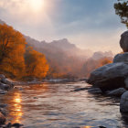 Tranquil river at sunset with autumn trees and mountains