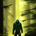 Misty forest scene with silhouette of large creature