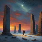 Person surrounded by ancient monoliths under starry sky at sunset