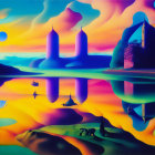 Colorful surreal landscape with fluid shapes and reflections, featuring a person and a dog.