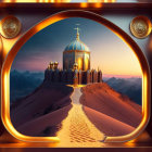 Golden frame surrounds surreal glowing cathedral in desert landscape