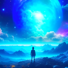 Silhouette of a person under star-filled sky with celestial body, mountains, and blue glow