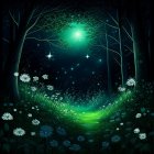 Enchanting forest night scene with glowing path and full moon