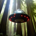 Redwood forest scene with UFO and red lights