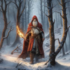 Cloaked Figure with Torch in Snowy Forest