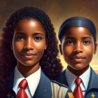 Children in uniforms with red ties and badges at sunrise or sunset