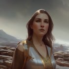 Golden-armored woman gazes against snowy mountains