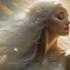 Ethereal woman with white hair in ornate attire and mystical glow.