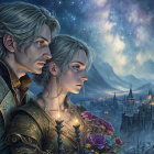 Stylized characters in starry night sky with mystical city backdrop