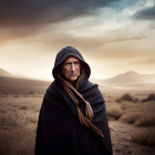 Elderly Person in Cloak Stands in Misty Landscape