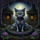 Grey Cat with Intense Eyes in Stone Circle Amid Water Lilies, Temple Doors, Statues,