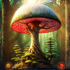 Giant red-capped mushroom in mystical forest landscape