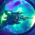 Sci-fi illustration of spaceship in colorful nebula with celestial bodies