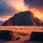 Mesoamerican Pyramids Above Clouds at Twilight