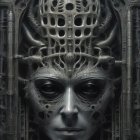 Intricate monochrome biomechanical head with mesh patterns