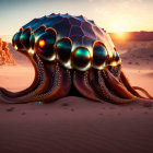 Reflective shell octopus in desert sunset landscape