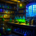 Colorful bottles and glowing jars in enchanting potion shop interior