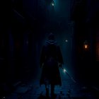 Mysterious cloaked figure in foggy alley at night