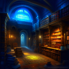 Mystical library with towering bookshelves and stained glass window