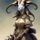 Elegant golden dress adorned anthropomorphic goat with jewelry standing beside smaller goat