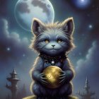 Fluffy anthropomorphic kitten with golden orb under full moon