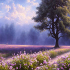 Tranquil landscape with solitary tree, purple wildflowers, meandering path, and dramatic sky