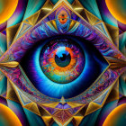 Symmetrical eye-centered digital artwork with fractal textures and iridescent colors