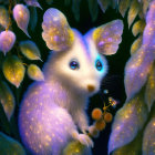 Bioluminescent rabbit with blue eyes in glowing leafy setting