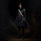 Historical military figure in bicorne hat and blue coat with sword.